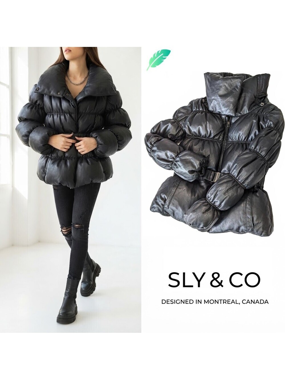 Sly & Co Women Puffer Jacket Leather Black Avant-Garde Sz M